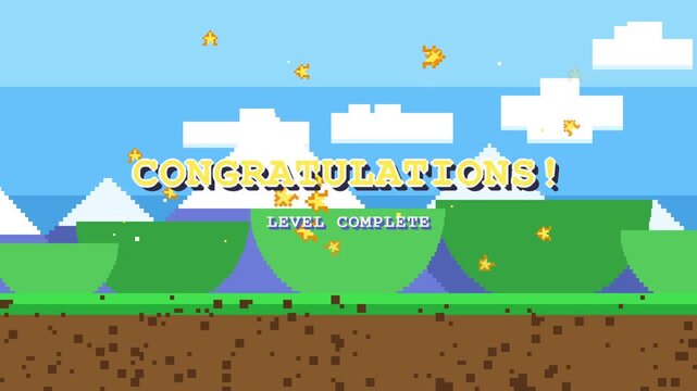 Congratulations Level Complete Text Gold Star Pixel Art Game animation 