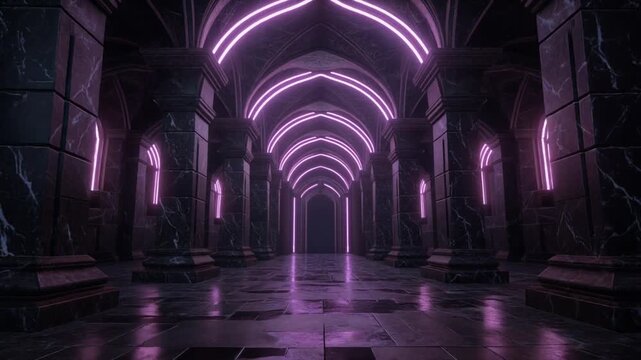 Futuristic gothic hall with neon purple arches and dark marble pillars reflecting on wet stone floor