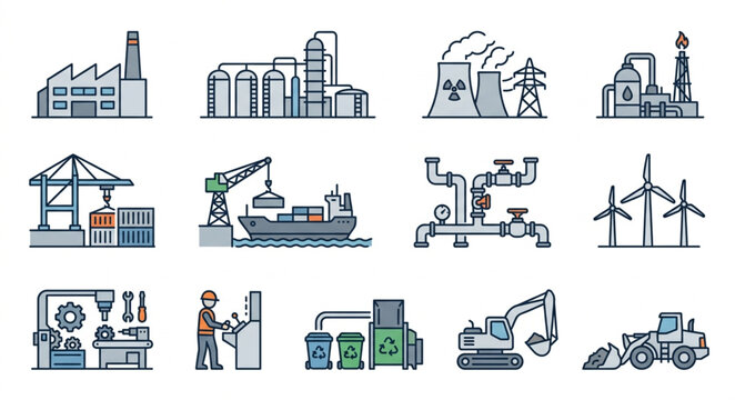 Collection of Industrial Factory and Manufacturing Icons.