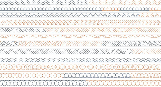 Set of decorative seamless border patterns features intricate geometric designs in brown and blue colors with ethnic tribal motifs.