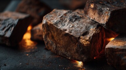 Fototapeta premium Close-Up View of Rustic, Textured Rocks Illuminated by Soft Warm Light on a Dark Surface Evoking a Cozy, Natural Atmosphere for Artistic Photography