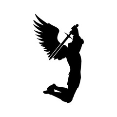 Fototapeta premium Fantasy man angel warrior with wings. Warlike character. A fantasy character is a knight of light.