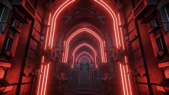 Futuristic Gothic Cathedral Corridor with Glowing Red Neon Arches and Cinematic Sci-Fi Atmospheric Lighting