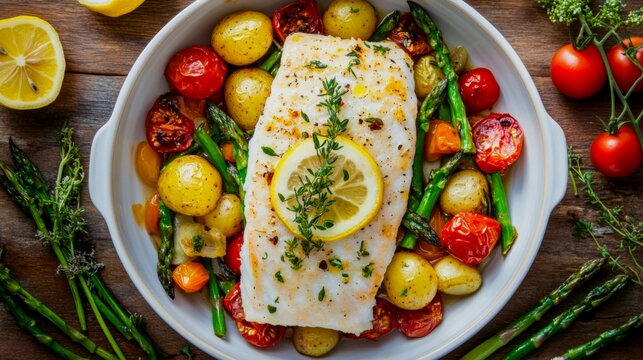 a large, flaky white cod fillet baked to perfection in a ceramic dish. The fish is topped with slices of lemon, sprigs of fresh thyme