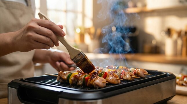 Grilling Skewers Indoors: A person uses a brush to baste delicious meat and vegetable skewers cooking on an electric grill, creating a mouth-watering scene of home-cooked food.