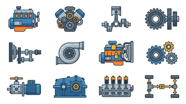Collection of automotive engine parts and mechanical components.