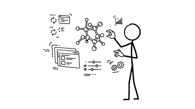 Scientist manipulating a digital molecular model in virtual space
