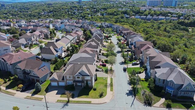Suburban Luxury Homes Halifax Canada Aerial View Gated Residential Area With Spacious Houses Driveways And Fenced Yards Quiet Neighborhood Scene 4K