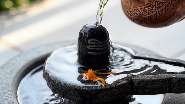 Kanwar yatra ritual pouring holy water on sacred black Shiva Lingam