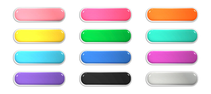 3D puffy glossy gradient capsule button set, 12 colorful jelly-like horizontal rounded rectangle banner bases and translucent edge pill bar design, 3D rendered rich texture illustration