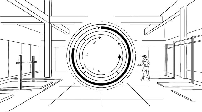 Circular interface display in futuristic facility interior