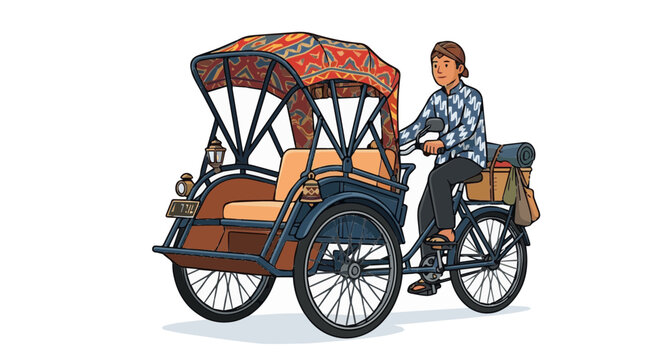 A man wearing a traditional batik shirt and blangkon hat operates a blue cycle rickshaw with a colorful patterned canopy against a plain white background.