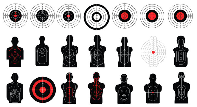 Shooting range target collection features various designs including bullseye circles and human silhouettes with scoring regions.