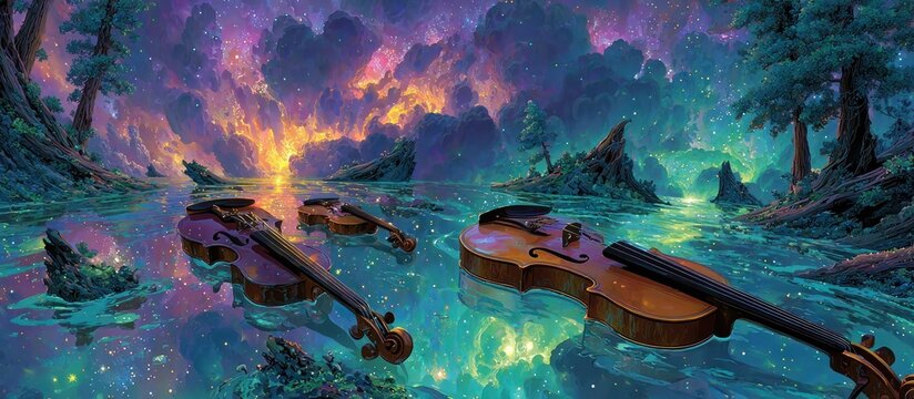 Three violins float in a mystical lake under a colorful, starry sky