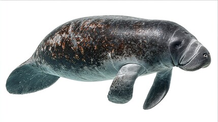 Naklejka premium Gentle manatee swimming in graceful side profile view, isolated on clean white background.
