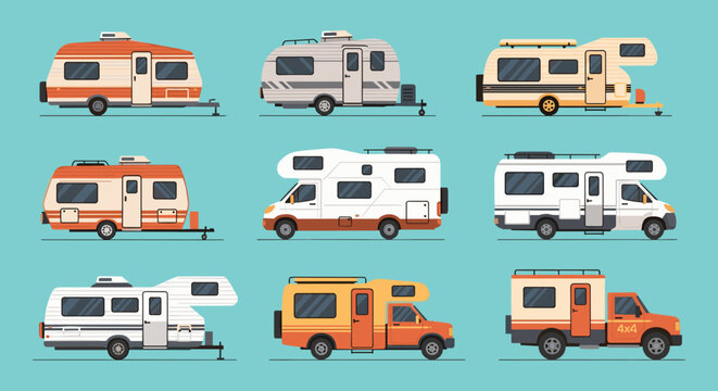 Set of recreational vehicles and campers includes various types of motorhomes, travel trailers, and pickup campers for road trips.