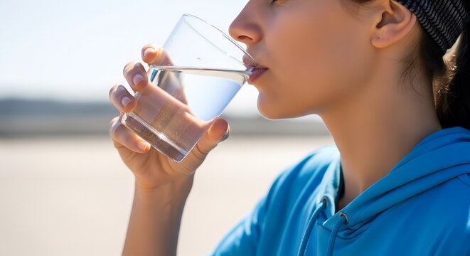 Young woman drinking fresh clean water from a glass outdoors after sports