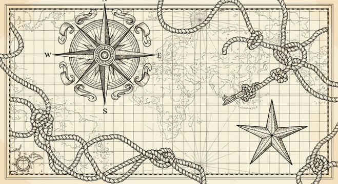 Antique nautical map illustration featuring a compass rose, intertwined ropes, a large sea star, and a subtle world map background on parchment.