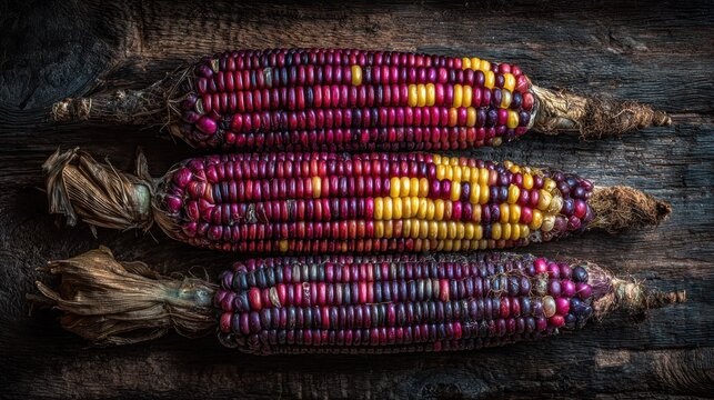 Three ears of multicolored flint maize rest horizontally across a dark wooden surface.