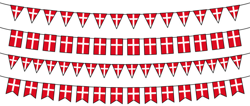 Danish flag bunting garlands with mixed flag shapes for birthdays, student celebrations and national holidays