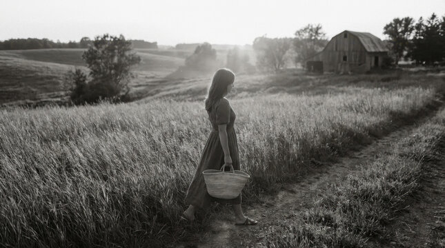 Young Woman Walking Field at Sunset with Basket
