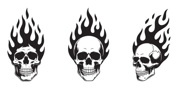 Various artistic skull designs with roaring flames isolated on white background ideal for use as graphic elements stickers logos or clothing illustrations.