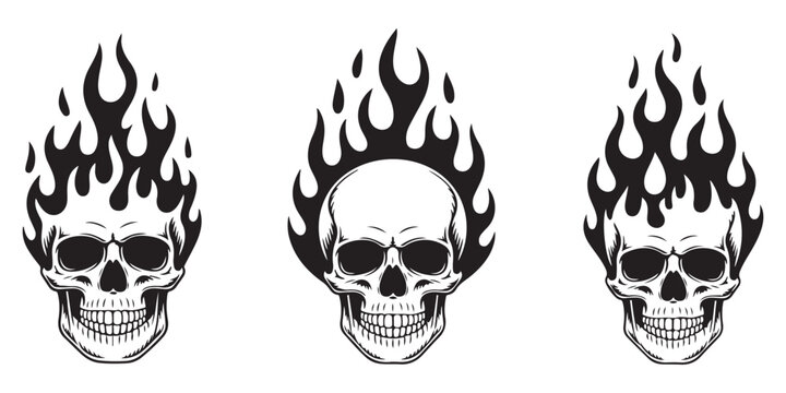 Collection of flaming skull head graphics in black and white vector format suitable for creative designs apparel prints logos or digital art projects.