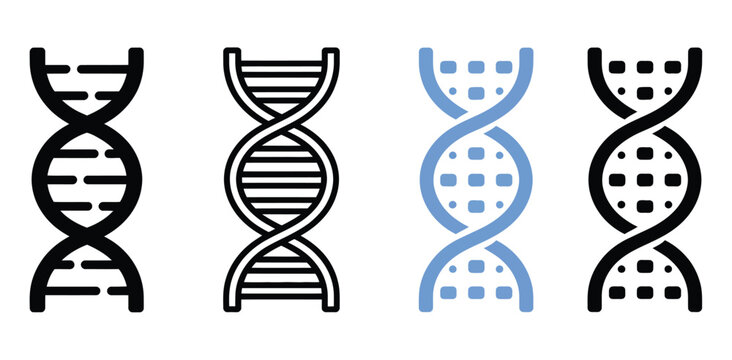 DNA double helix vector icon set for genetic and science research, modern collection featuring biotechnology, genome analysis, molecular biology, laboratory, and medical innovation symbols