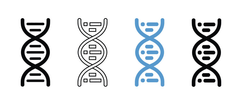 DNA double helix vector icon set for genetic and science research, modern collection featuring biotechnology, genome analysis, molecular biology, laboratory, and medical innovation symbols