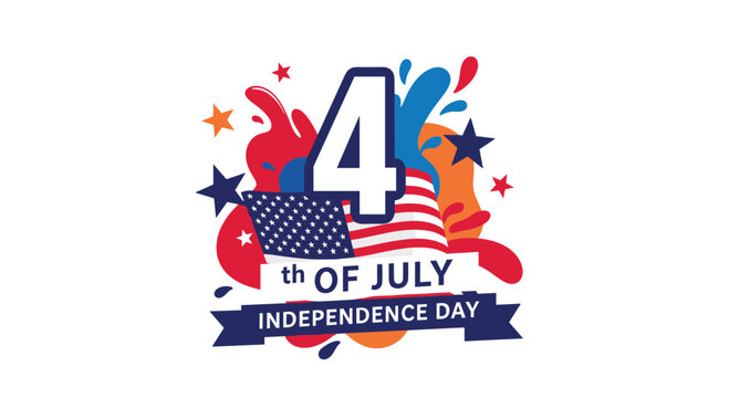 Dynamic independence day logo for fourth of july featuring a large number four the american flag and colorful paint splashes.