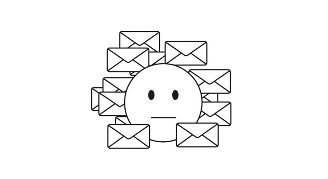 Overwhelmed person, surrounded by emails, stressed face, inbox flood, communication overload