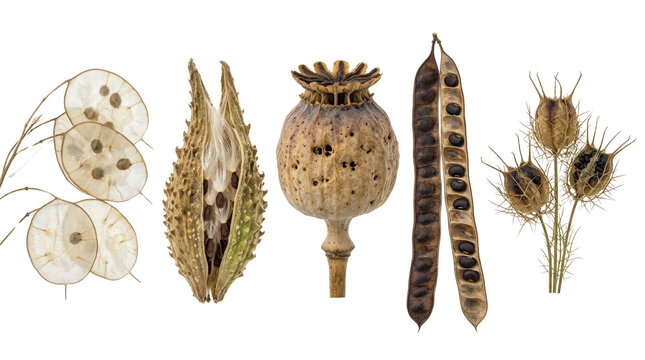 Collection of Diverse Dried Seed Pods and Fruits.