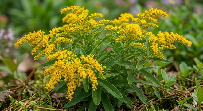 Vibrant goldenrod Solidago canadensis flowers blooming in natural meadow habitat. Bright yellow plume-like clusters with green foliage. Professional macro nature photography, perfect for botanical and