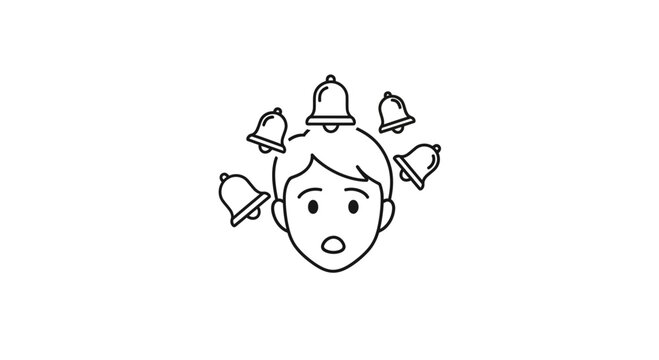 Surprised face, multiple alarm bells, vector icon, line art, notification overload