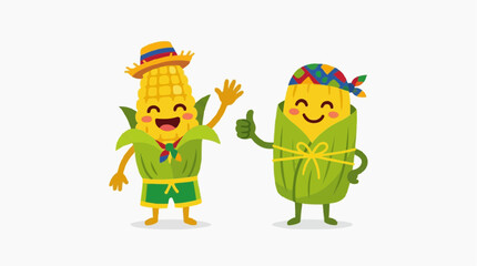 Fototapeta premium Cute Corn and Pamonha Cartoon Characters Celebrating Brazilian Festa Junina June Festival Vector Illustration