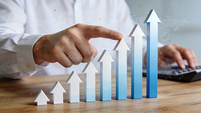 Financial success concept showing rising arrow graph on wooden table, symbolizing profit increase, economic development and strategic planning for corporate investment and global