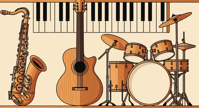 Collection of musical instruments including a saxophone, acoustic guitar, drum set, and piano keyboard, illustrating a diverse range of musical expression and creativity