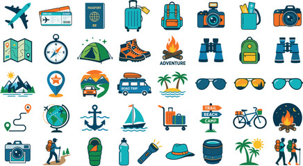 Travel and outdoor adventure icons set featuring camping gear hiking equipment road trip van tropical beach and tourism elements vector illustration © nice