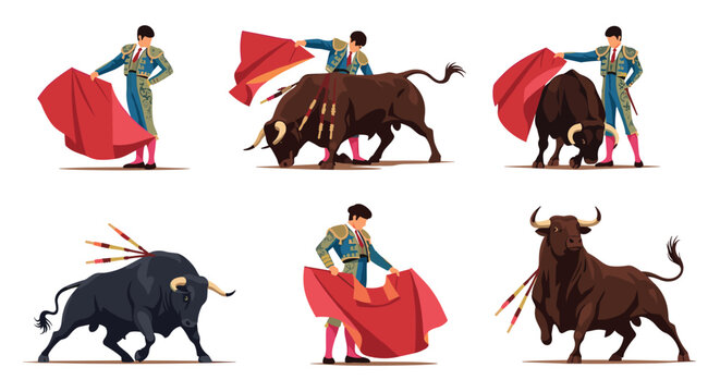 Traditional Spanish bullfighting scenes featuring matadors with red capes facing powerful bulls in various dynamic poses and actions.