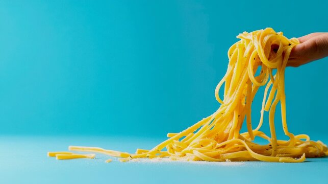 A humorous pasta mishap scene. A person is attempting to eat a very long strand of tagliatelle, but it seems endless