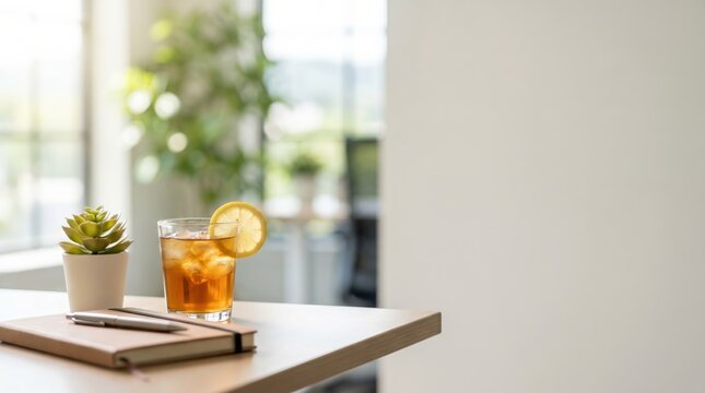 Iced Tea with Lemon on Office Desk with Notebook and Succulent for Productive Work Break Concept