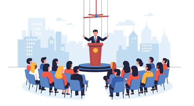 Political figure speaking at a podium while being manipulated like a puppet before an audience in a modern urban setting.