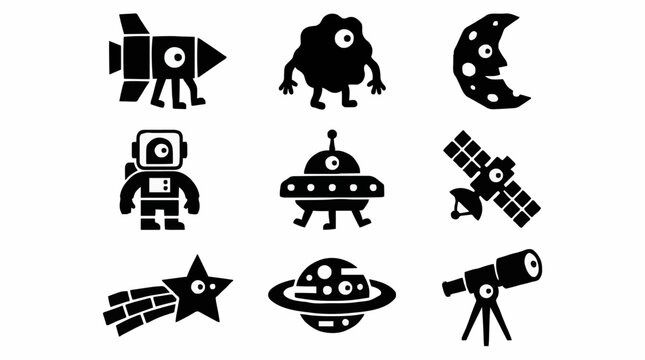 Cute Space Icons Set with Alien Astronaut Rocket Planet Satellite and Telescope Cartoon Vector Illustration for Kids Education and Sci Fi Design