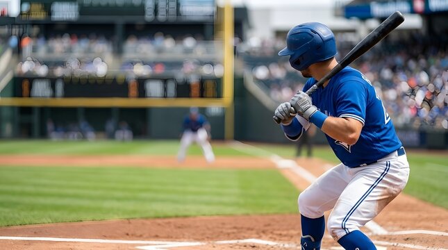 Baseball player in blue uniform and helmet stands in the batter's box, holding a black bat during a daytime game at a professional stadium with blurred crowd and pitcher background.