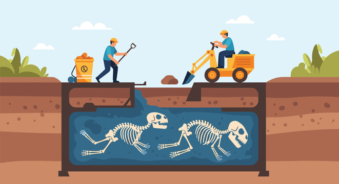 Construction site showing workers and an excavator uncovering prehistoric dinosaur fossils deep underground during an excavation project.