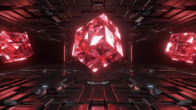 Futuristic Sci-Fi Red Crystal Cube Floating in a Dark, Industrial, Metallic Corridor with Subtle Lighting