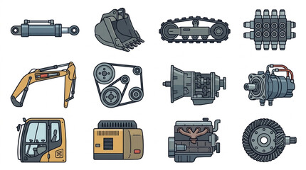 Collection of construction machinery parts and components. © Melati