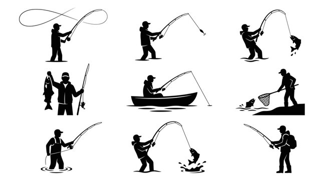 Fisherman Angler Silhouette Icons Set
