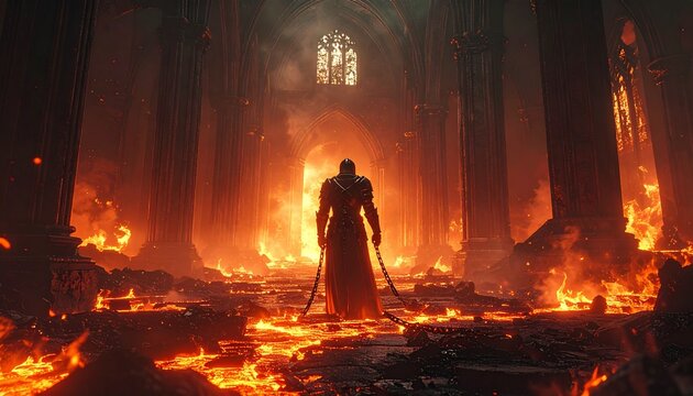 A lone, formidable warrior stands poised amidst a grand, burning hall engulfed in molten fire and swirling smoke, a powerful vision of apocalyptic devastation and epic fantasy