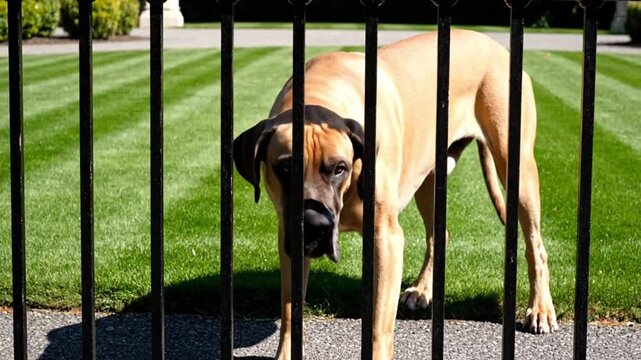 Large fawn Great Dane dog behind a black iron fence in bright sunlight on a green lawn with striped mowing
